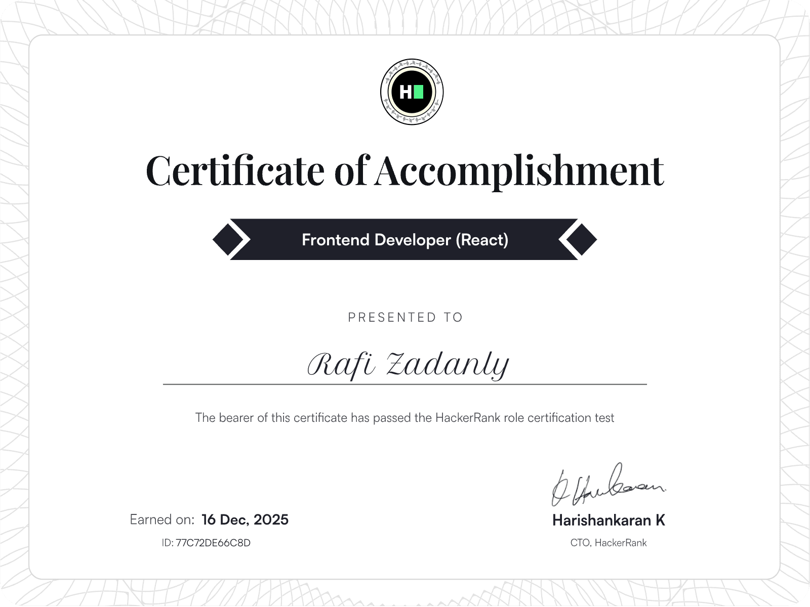 Frontend Developer (React) certificate
